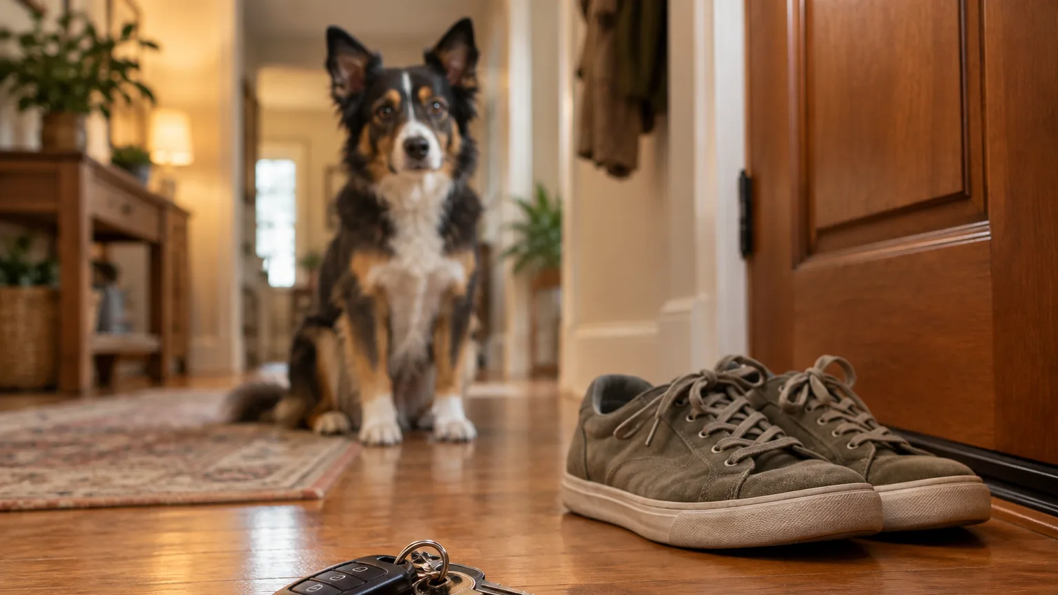 Car keys and a pair of shoes by a front door, with a dog watching from a few steps away