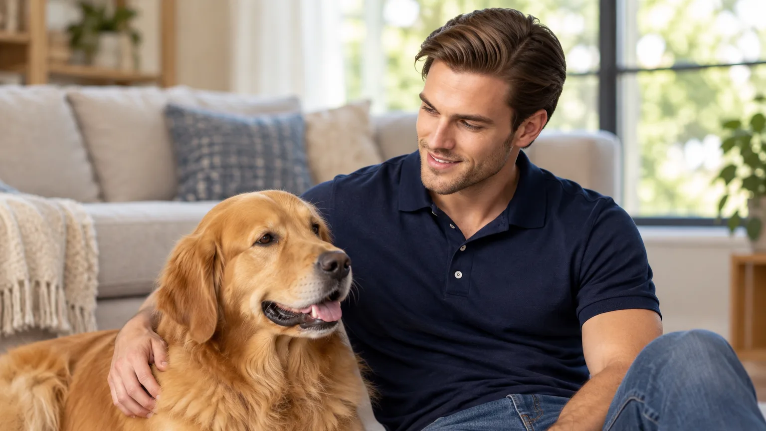 Jason sitting on the floor beside a calm golden retriever in a living room