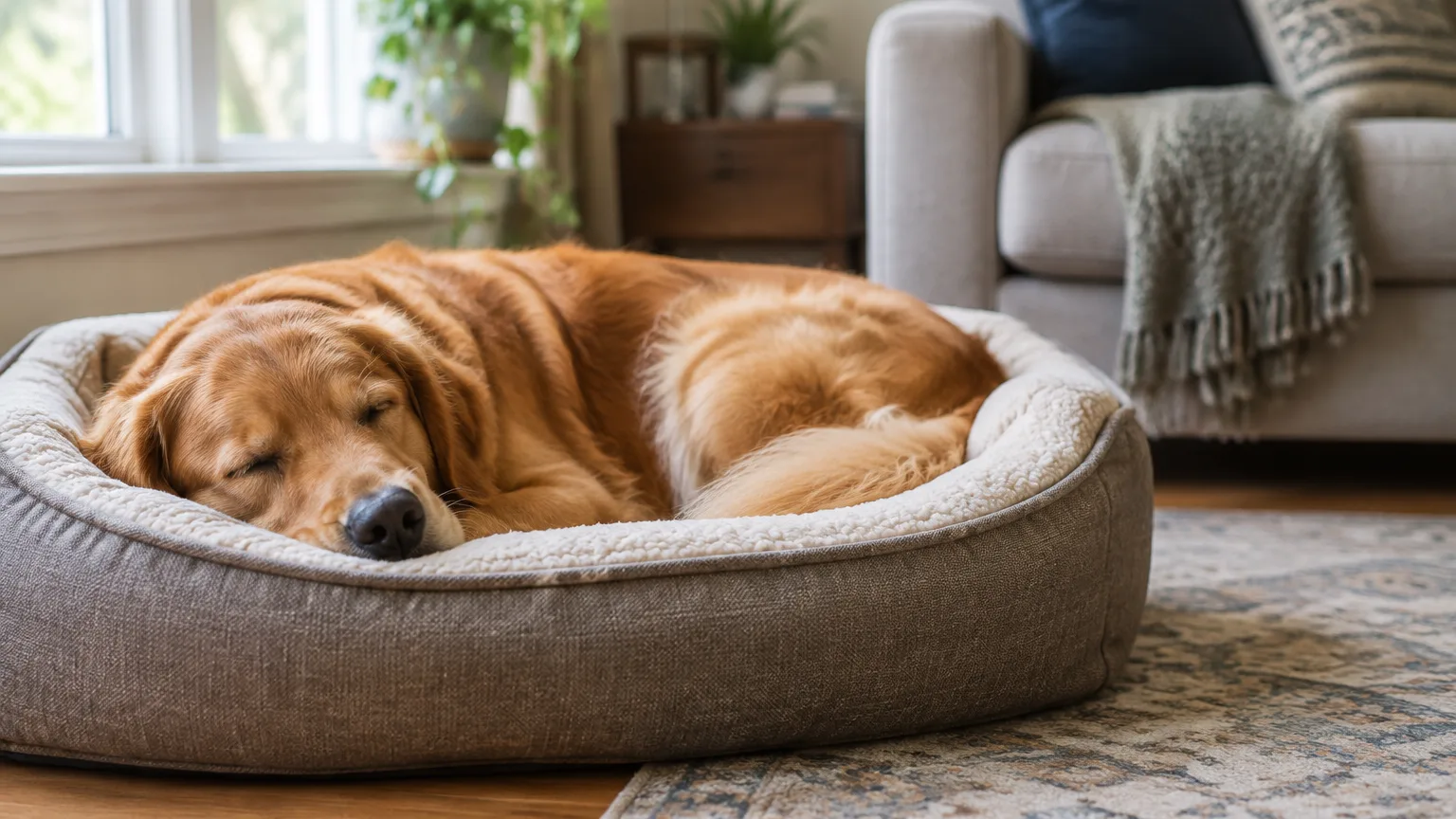A relaxed dog lying settled on its own bed in a quiet living room