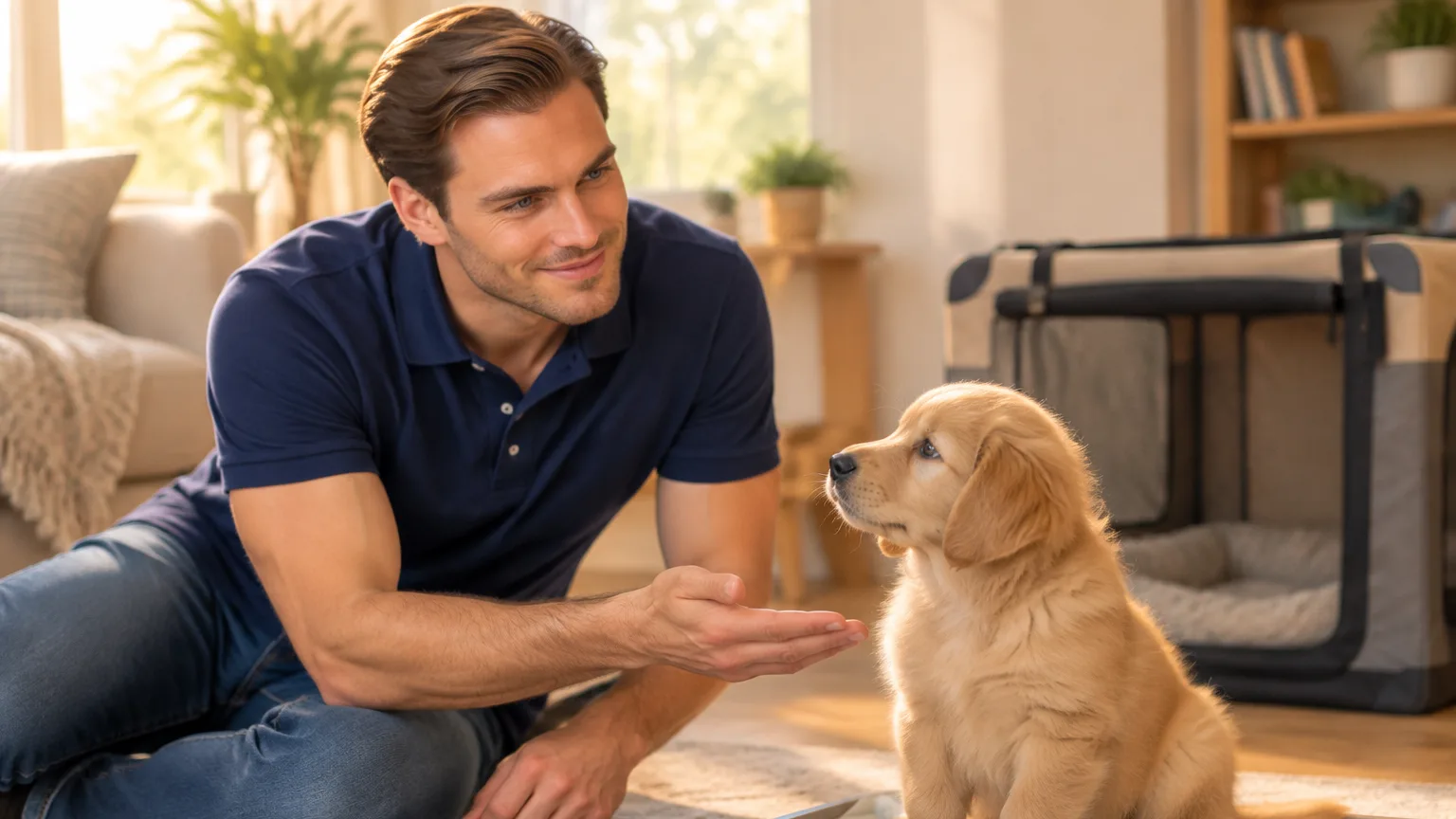 Jason crouching beside a golden retriever puppy on a living room floor, praising it