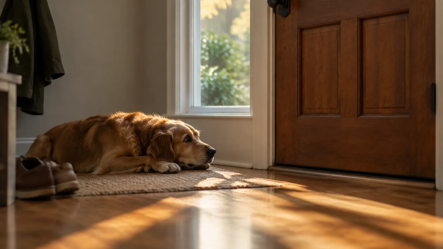 A dog lying by a front door watching the handle in the afternoon light